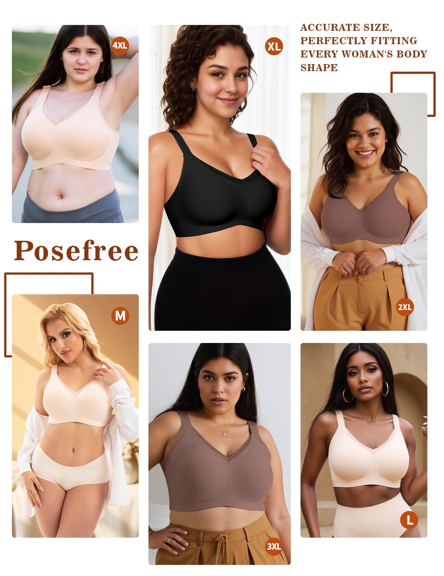 PoseFree Womens Wireless Bras Supportive Tshirt Bra No Underwire Seamless Push Up V Mesh Comfortable Bralette Everyday Bras Coffee XL
