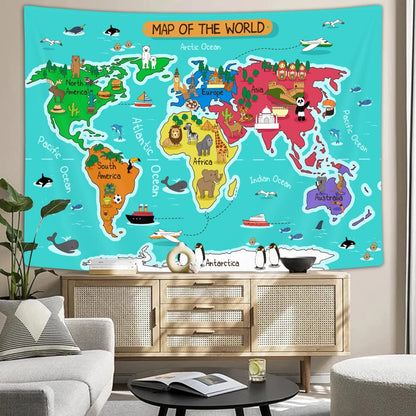 Kids Map Tapestry,Cartoon Animal Landmark Building Educational Geography World Map Wall Hanging,Wall Blankets for Classroom Home Dorm Living Room Bedroom Decor 90X70 in