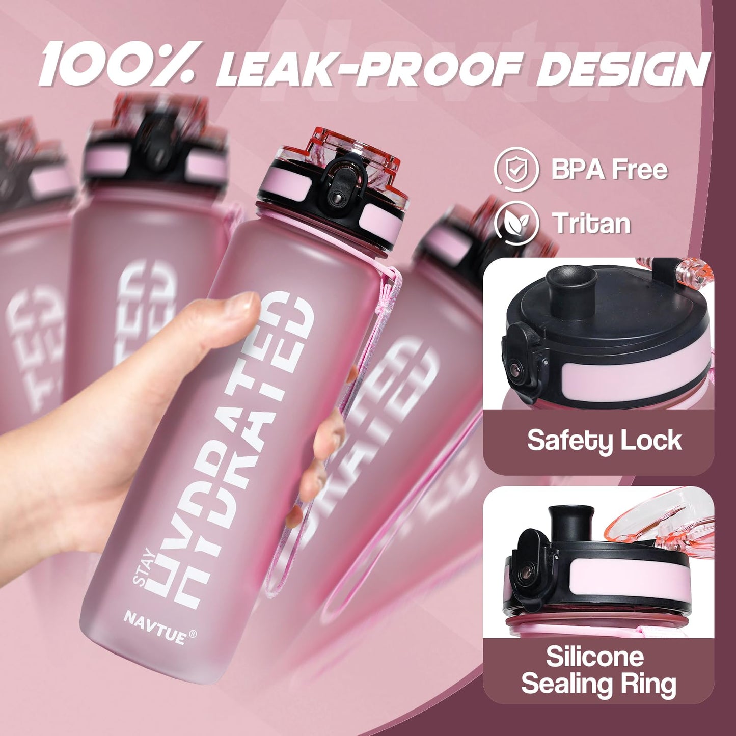 NAVTUE Water Bottle, 32oz Sports Water Bottles with Time Marker Wide Mouth, Motivational and Leakproof Drink Bottle, BPA Free Tritan with Carry Strap for Gym Fitness Outdoor(Direct Drink)