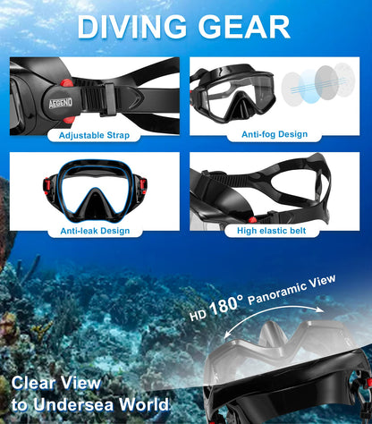 Aegend 2 Pack Snorkeling Gear for Adults, Dry Snorkel Set Panoramic View Enhanced Anti-Leak and Anti-Fog Technology, Adjustable Strap for Snorkeling Scuba Diving Swimming with Mesh Bag
