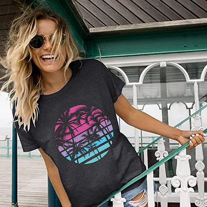 Hawaiian Shirts for Women Palm Trees Beach Graphic Tee Tops Summer Vacation Short Sleeve Tshirt Tops Dark Grey S