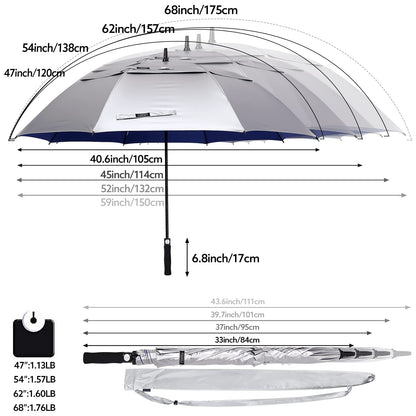 G4Free 68 Inch UV Protection Golf Umbrella Auto Open Extra Large Windproof Sun and Rain Umbrellas Double Canopy (Silver/Blue)