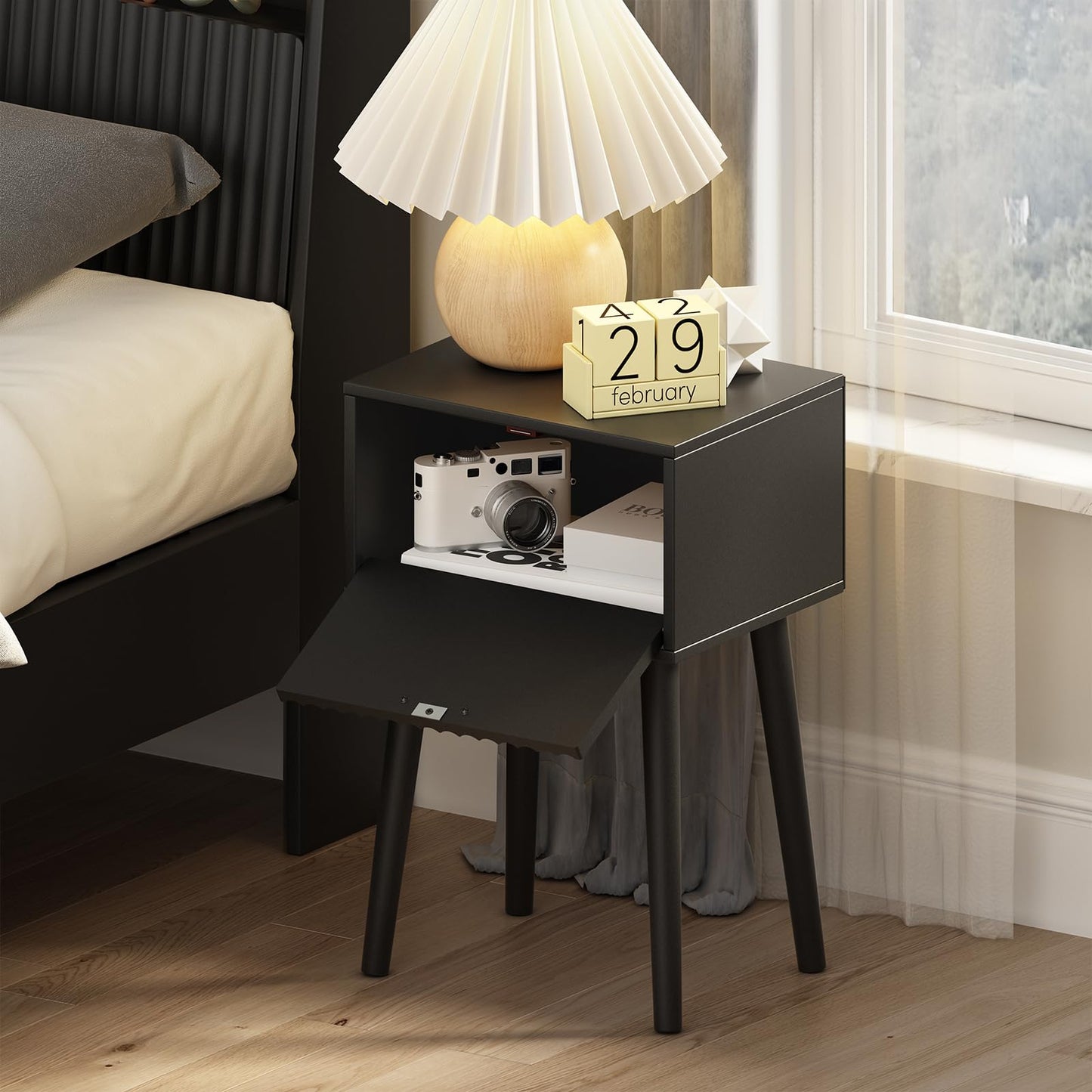 LAATOOREE Nightstands Set of 2, Small Side Table, Bedside Table with Fluted Door, Solid Wood Feet; Modern Mid-Century End Table for Bedroom, Small Space (Black)