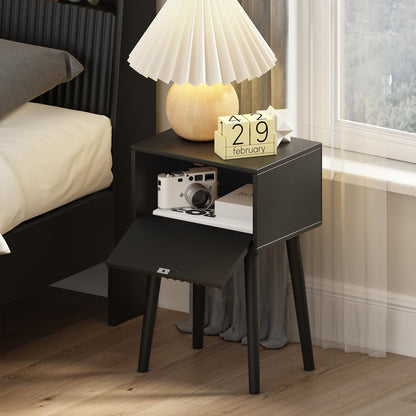 LAATOOREE Nightstands Set of 2, Small Side Table, Bedside Table with Fluted Door, Solid Wood Feet; Modern Mid-Century End Table for Bedroom, Small Space (Black)