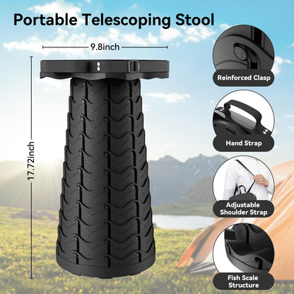 2025 Upgraded Portable Folding Stool, Collapsible Stool, Telescoping Camping Stool with Max Load Capacity 485lbs, Square Retractable Seat for Camping Gardening Fishing Hiking BBQ[Black]