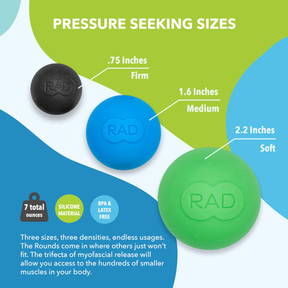 RAD Rounds – Extra Soft Yoga Deep Tissue Massage Ball Set – Myofascial Release Balls for Feet, Back, Neck, Jaw & Forearms – Trigger Point & Mobility Therapy (3-Pack)