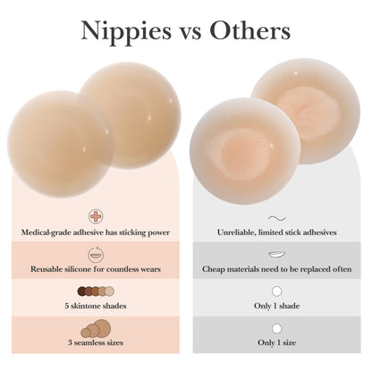 Nippies Nipple Cover - Sticky Adhesive Silicone Nipple Pasties - Reusable Pasty Nipple Covers for Women with Travel Box (Small (Fits A-C Cups), Original, Crème)