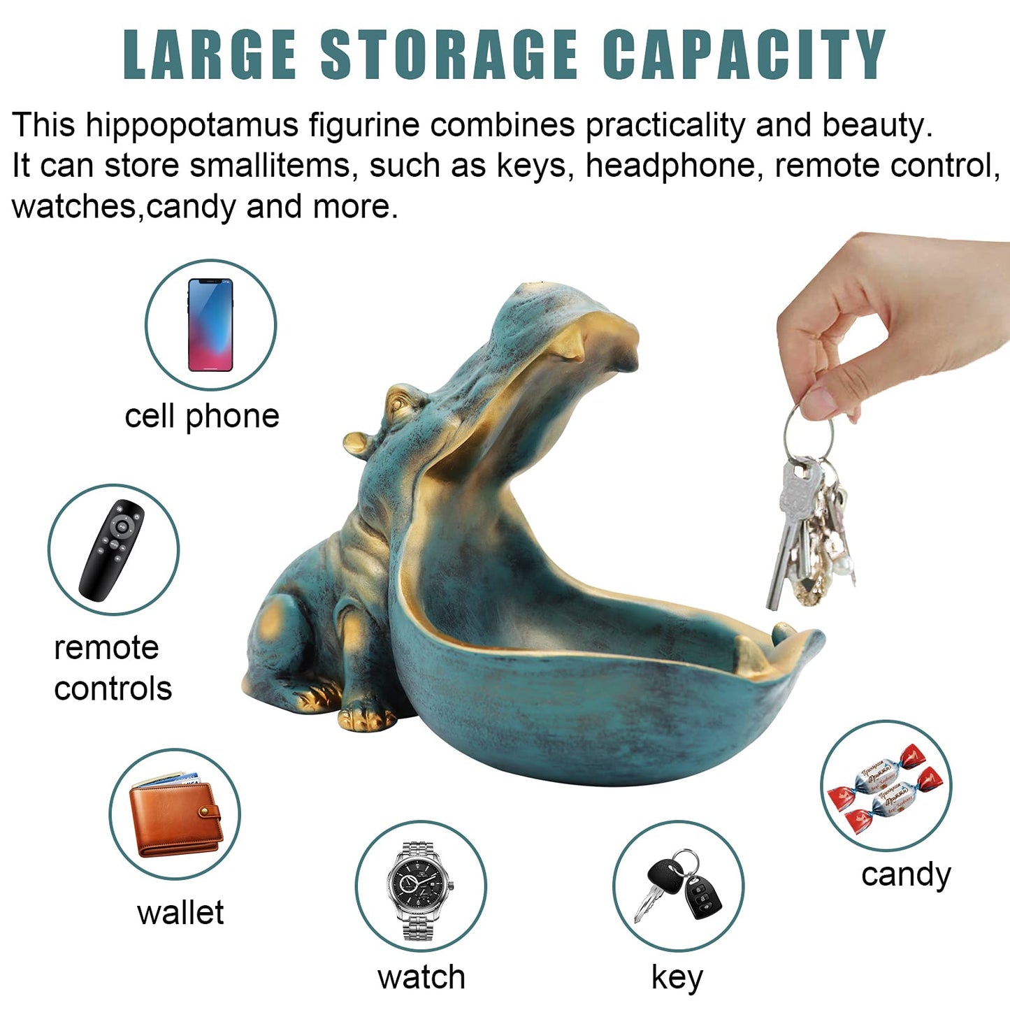 aboxoo Hippo Statue,Large Hippopotamus Figurine Home Sculpture with Resin, Hippo Candy Jar, Candy Dish Bowl for Office Desk, Key Bowl for Entryway Table,Container Storage Art Decor Box(Dark Blue)