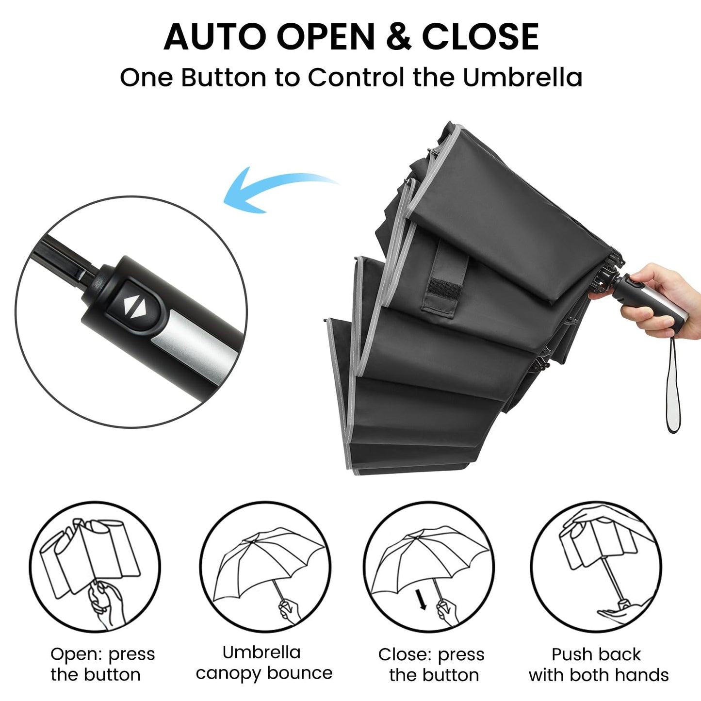 G4Free 62 Inch Windproof Inverted Umbrella with Reflective Stripe Large Compact Reverse Golf Umbrella for Rain 10 Ribs Double Canopy Travel Umbrella Automatic Open Close (Black)