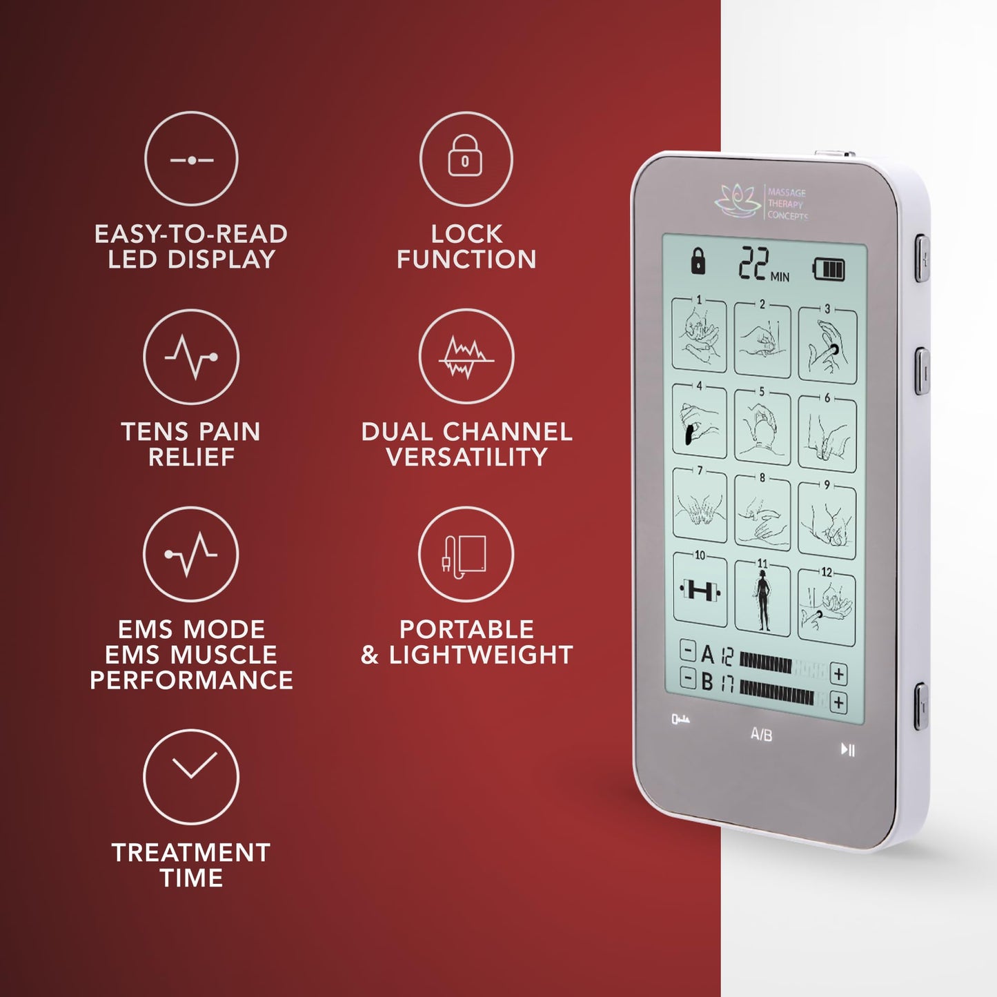 Massage Therapy Concepts Deluxe TENS Unit Muscle Stimulator & Accessories - Non-Invasive EMS Machine for Neck & Back Pain Relief, Sciatica - Electrotherapy with 12 Modes & 20 Intensity Levels