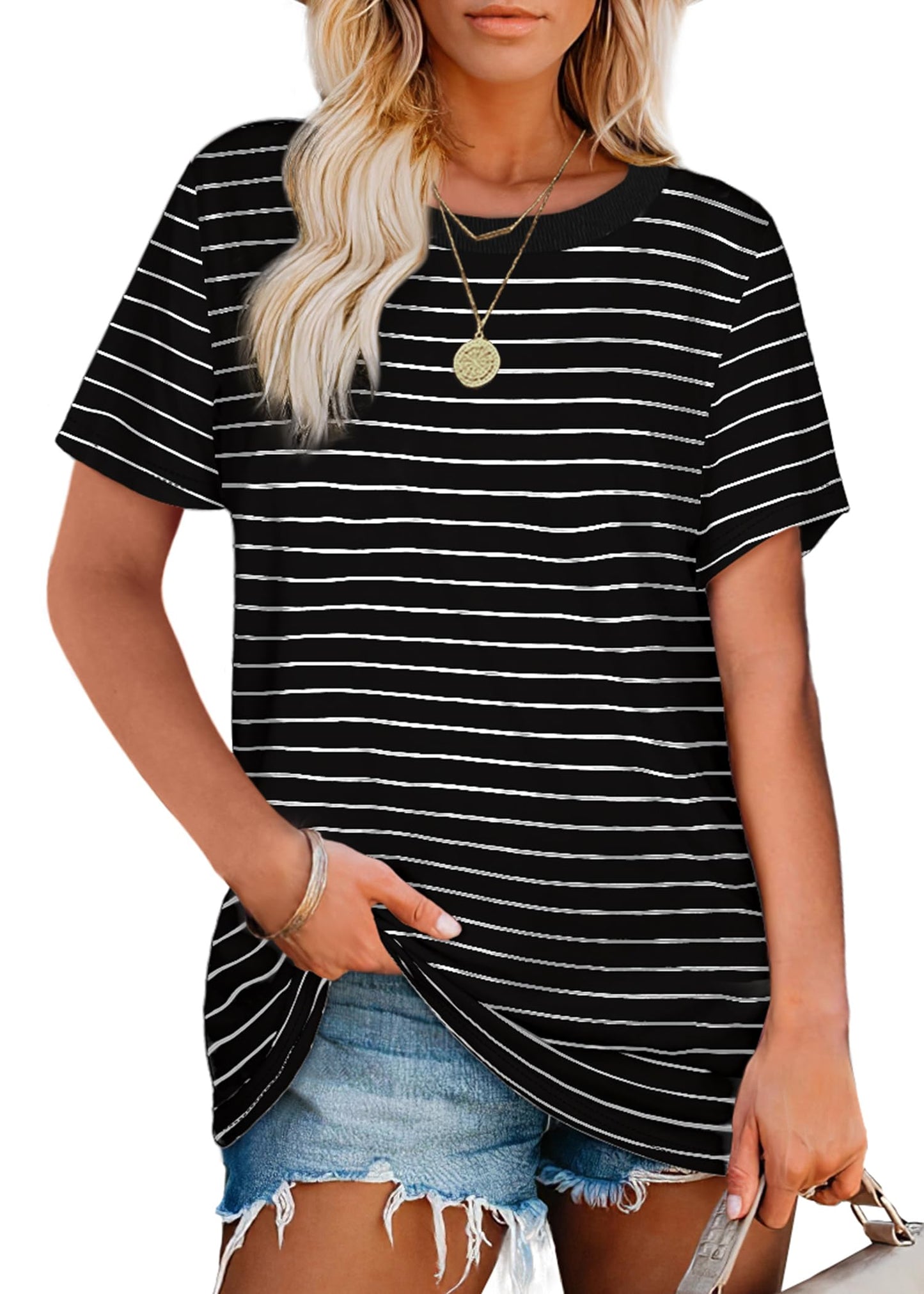 Jescakoo Tshirts for Womens Casual Summer Round Neck Striped Tops Black L