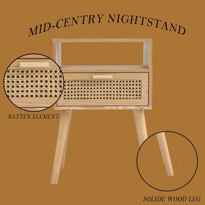 MaxSmeo Modern Nightstand Rattan Side End Table with Storage, for Living Room, Bedroom and Small Spaces, Accent Bedside Farmhouse Tables with Solid Wood Legs, Easy Assembly (Natural Walnut)