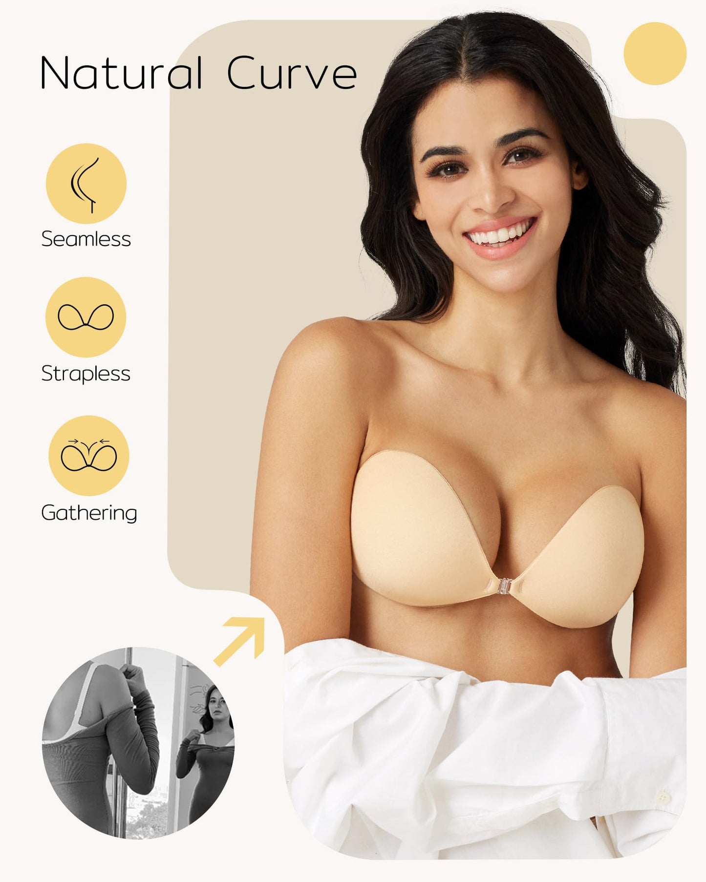 Niidor Adhesive Bra Strapless Sticky Invisible Push up Silicone Bra for Backless Dress with Nipple Covers Nude(B Cup)