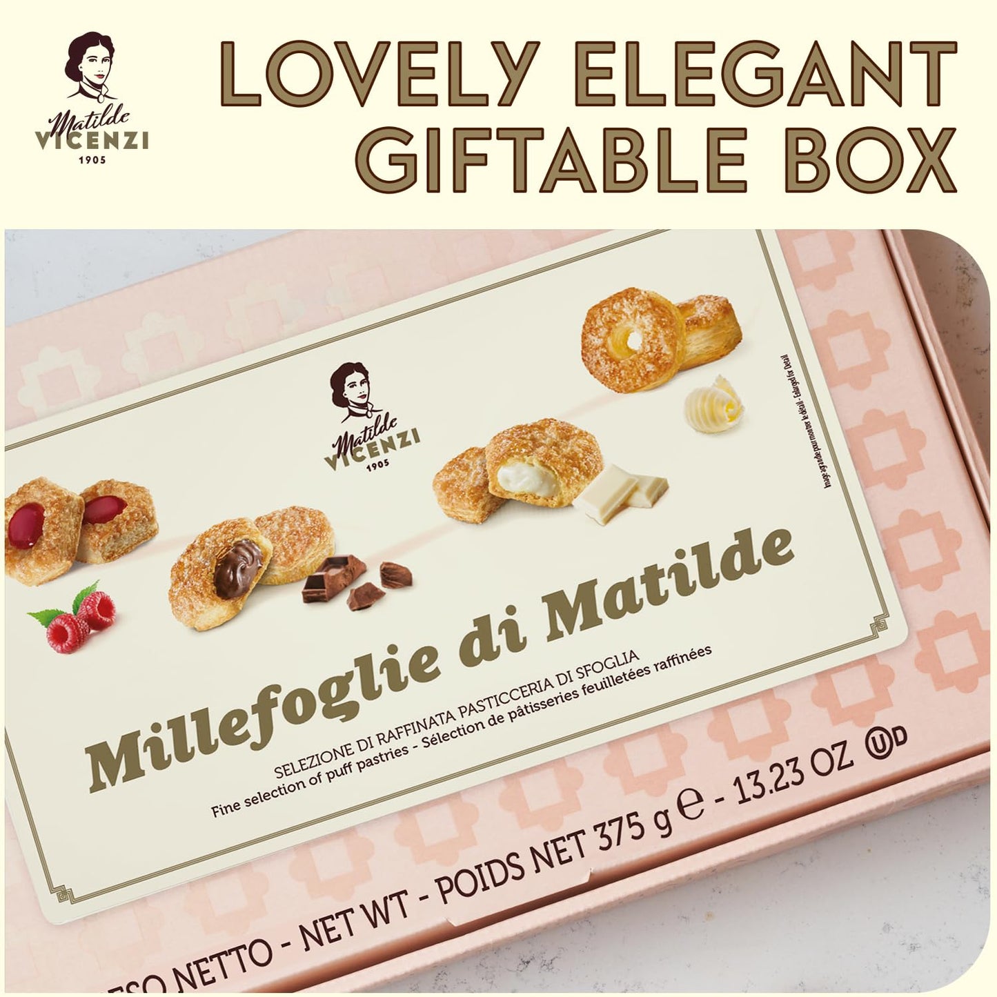 Matilde Vicenzi Millefoglie D'Italia Fine Selection of Italian Puff Pastries, Assortment of Vanilla, Chocolate, Butter & Raspberry Cookies for Gifting - 13.23 oz (375g)