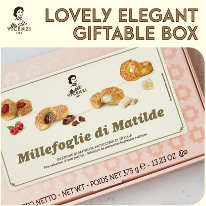 Matilde Vicenzi Millefoglie D'Italia Fine Selection of Italian Puff Pastries, Assortment of Vanilla, Chocolate, Butter & Raspberry Cookies for Gifting - 13.23 oz (375g)