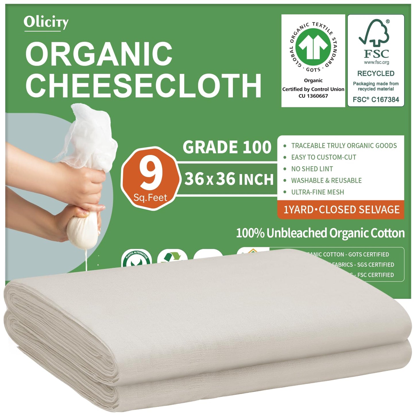 Organic Cheese Cloths, GOTS Certified, Grade 100, 36x36Inch, Reusable Cheese Cloth with Closed Edges Fabric Fine Mesh Cloth, Unbleached Cotton Muslin Cheesecloth for Straining,Cooking,Crafts - 9 Sq.Ft