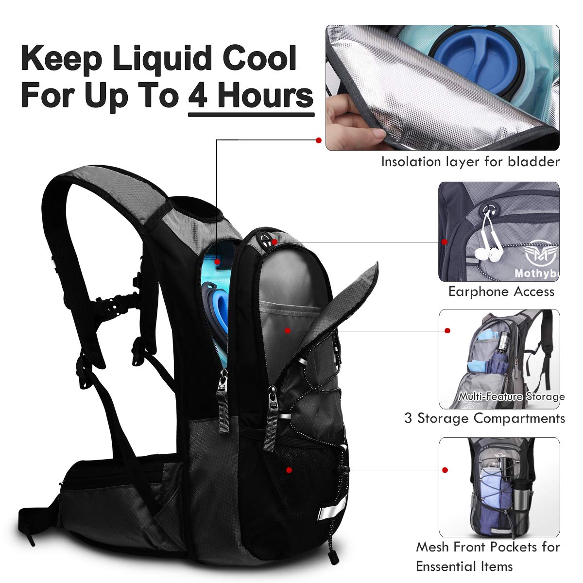 Mothybot Insulated Hydration Backpack Pack with 3L BPA Free Leak Proof Water Bladder, Large Storage Lightweight Hiking Daypack with Waist Pouches & Cooler Layer, for Running, Biking, Camping, Festival