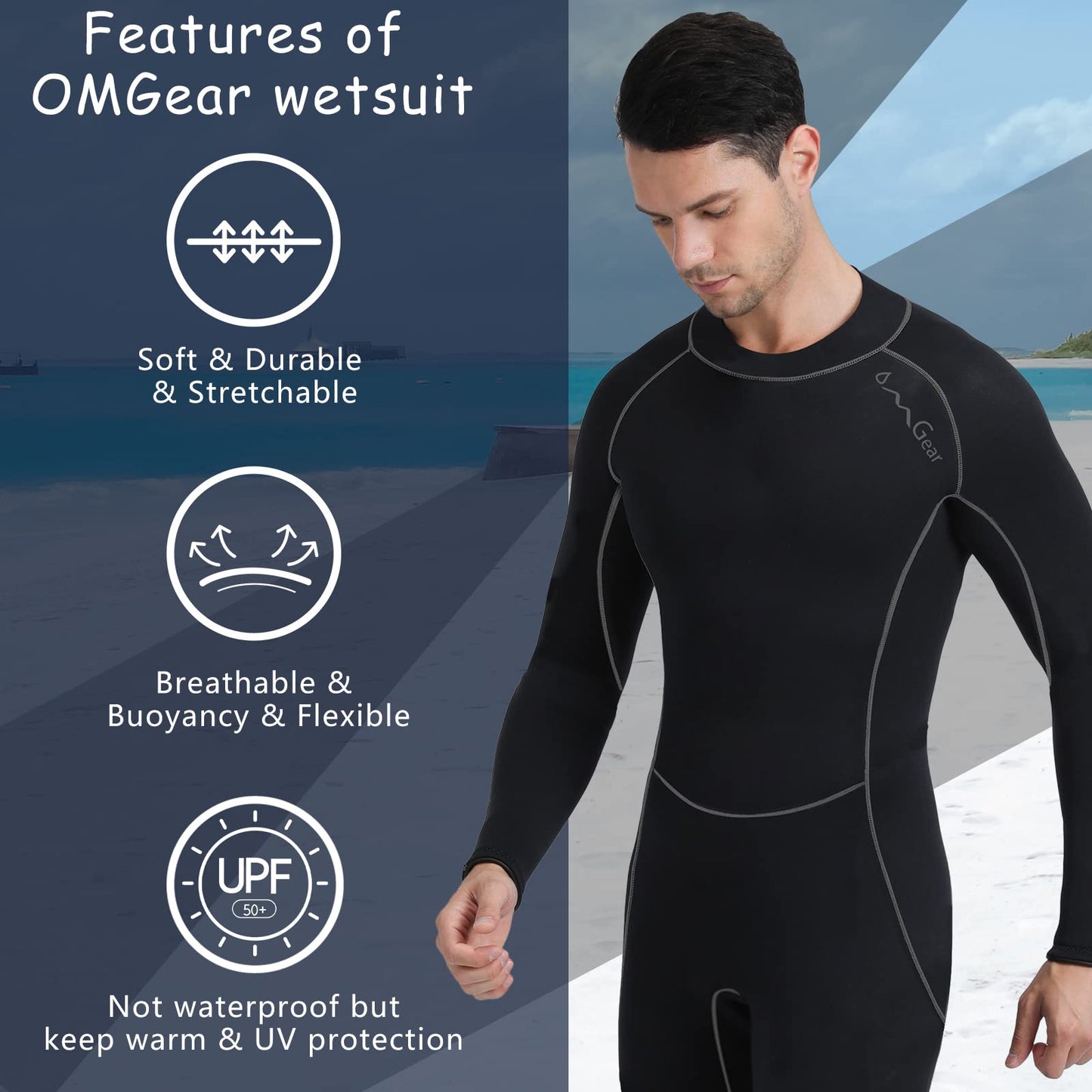 OMGear Wetsuit Women 3mm Neoprene Wet Suit Full Body One Piece Long Sleeves Scuba Diving Suits Back Zipper Swimsuit for Diving Surf(Black/Grey.S)