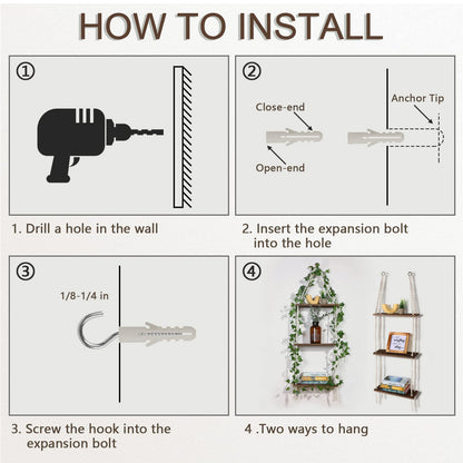 Hanging Shelf with Vine Lights, Macrame Plant Wall Shelf, Wall Storage with Handmade Woven Ropes, 3 Tier Floating Shelf, Boho Room Decor Aesthetic for Succulents, Bedroom, Living Room, Bathroom