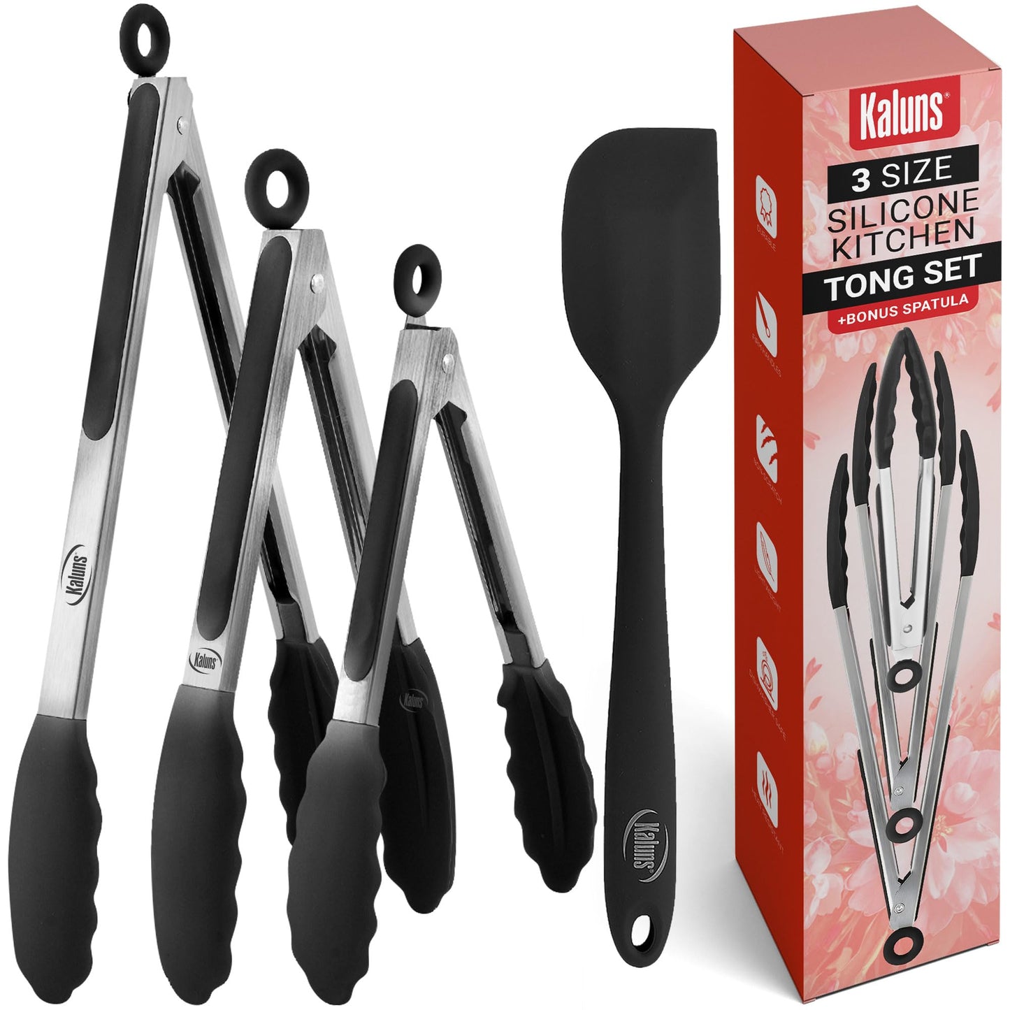 Kaluns Kitchen Tongs for Cooking Grilling Set of 4, BBQ Grill Tongs With Silicone Tip Stainless Steel Heat Resistant, Non-stick Pull Lock, Incl 7, 9, 12 Inch Tong Plus a Silicone Spatula
