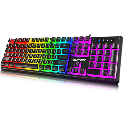 NPET K10V4 Wired Gaming Keyboard, RGB 10 Zone Backlit, Spill-Resistant Design, Multimedia Keys, Quiet Silent USB Membrane Pudding Keyboard for Desktop, Computer, PC