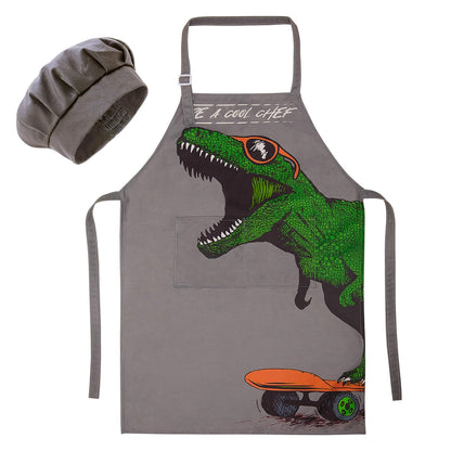MHJY Kids Apron and Chef Hat for Boys Dinosaur Child Aprons with Pockets,Adjustable Apron for Cooking Baking Painting 3-12 Years
