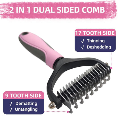 KUEIOX Dog Brush for Shedding,9 PCS in One Pet Slicker Hair Brush Kit with Pet Nail Clipper and File - Dog Cat Grooming Deshedding Undercoat Rake Brush Comb for All Small Large Dogs Cats Pink