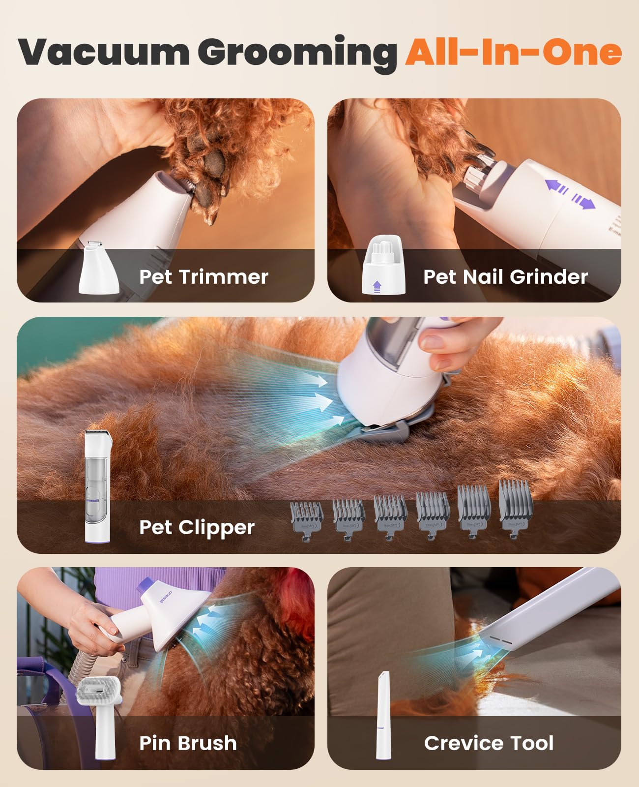 oneisall Cordless Low Noise Dog Grooming Vacuum,5200 mAh Dog Grooming Kit with Clippers,Nail Grinder,Trimmer,2L Dustbin for Shedding with Grooming Tools-Quiet Suitable for All Breeds,Comfy C1