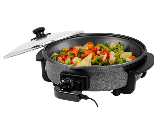 OVENTE 12 Inch Electric Skillet and Frying Pan with Nonstick Coating, 1400W Power, Adjustable Temperature Control, Tempered Glass Lid with Vent and Cool Touch Handles, Black SK11112B