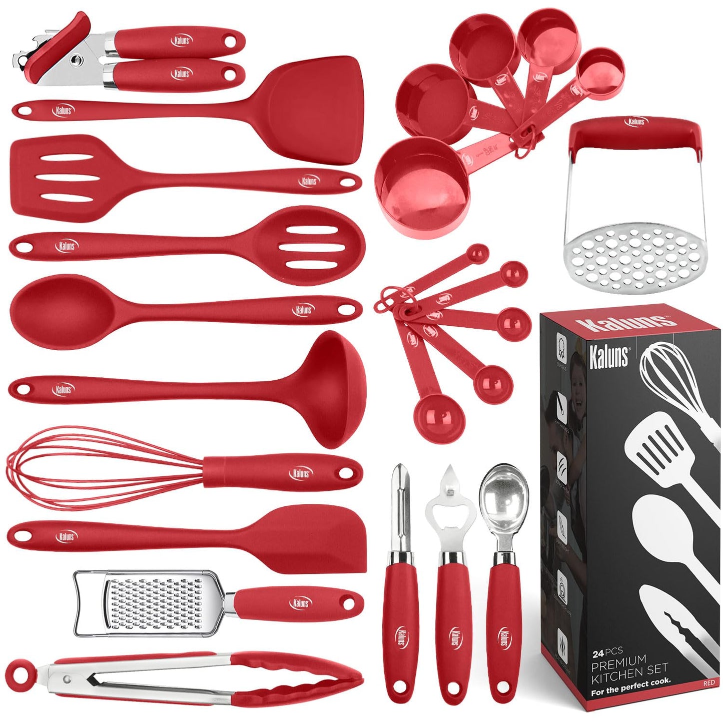 Kaluns Silicone Kitchen Utensils Set 24 Pcs Silicone Cooking Utensils Set - Can Opener, Masher, Turner, Spatula 446°F Heat Resistant Non-Stick - Premium Silicone and Stainless Steel Utensil Set