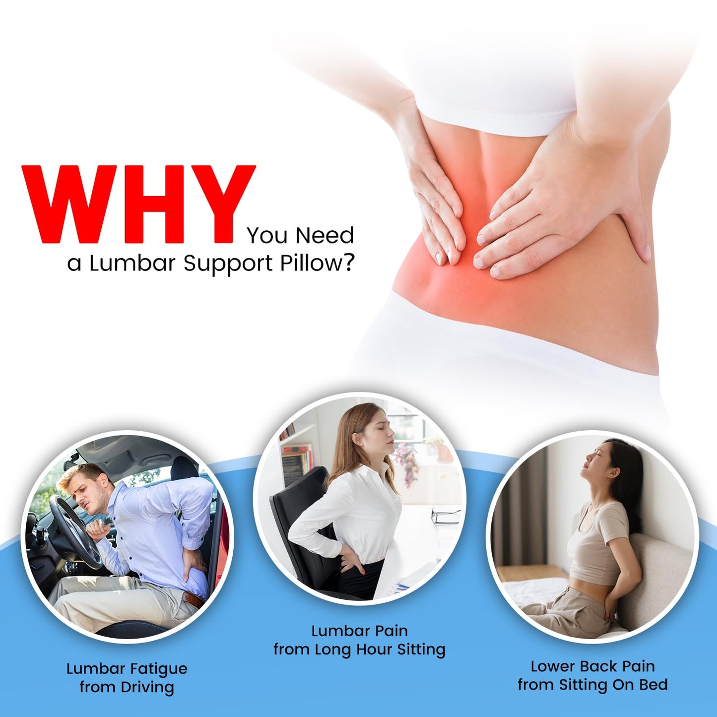 Lumbar Support Pillow for Office Chair and Car Seat - Supportive Memory Foam Cushion for Lower Back Pain Relief and Posture Correction, with Breathable Airflow Channels