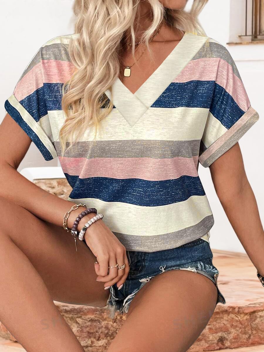 EyMuse 2 PCS Womens Fashion Tops V Neck T Shirts 2025 Short Sleeve Trendy Loose Fit Dressy Lightweight Soft Casual Summer Outfits Tees,Multicolor+Black,L