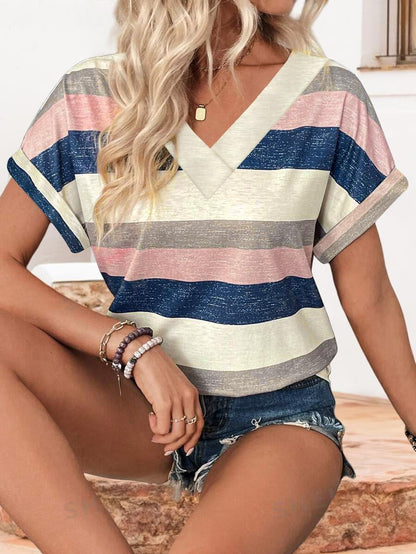 EyMuse 2 PCS Womens Fashion Tops V Neck T Shirts 2025 Short Sleeve Trendy Loose Fit Dressy Lightweight Soft Casual Summer Outfits Tees,Multicolor+Black,L