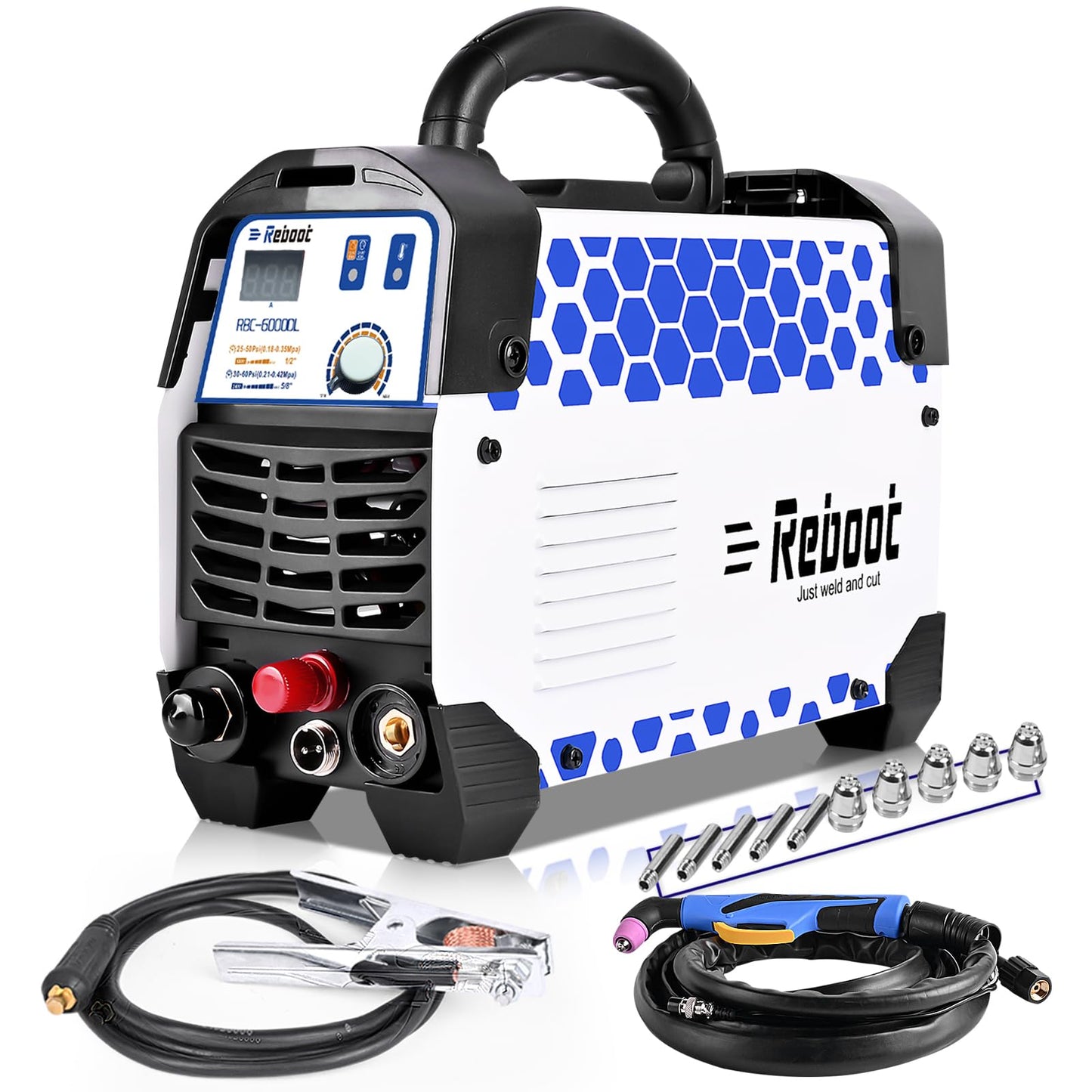 Reboot RBC6000DL Plasma Cutter, 60 Amp Non-Touch Pilot Arc Plasma Cutter Machine, 5/8 inch Clean Cut 4/5 inch Severance Cut, Dual Voltage 110/120V or 220/240V with Consumable Set Digital Display