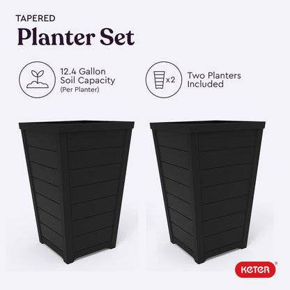 Keter Set of 2 Resin Modern Outdoor 22 Inch Tall Large Flower Pots, Tapered Wood Look Planters for Outdoor Plants and Front Porch Decor, Graphite