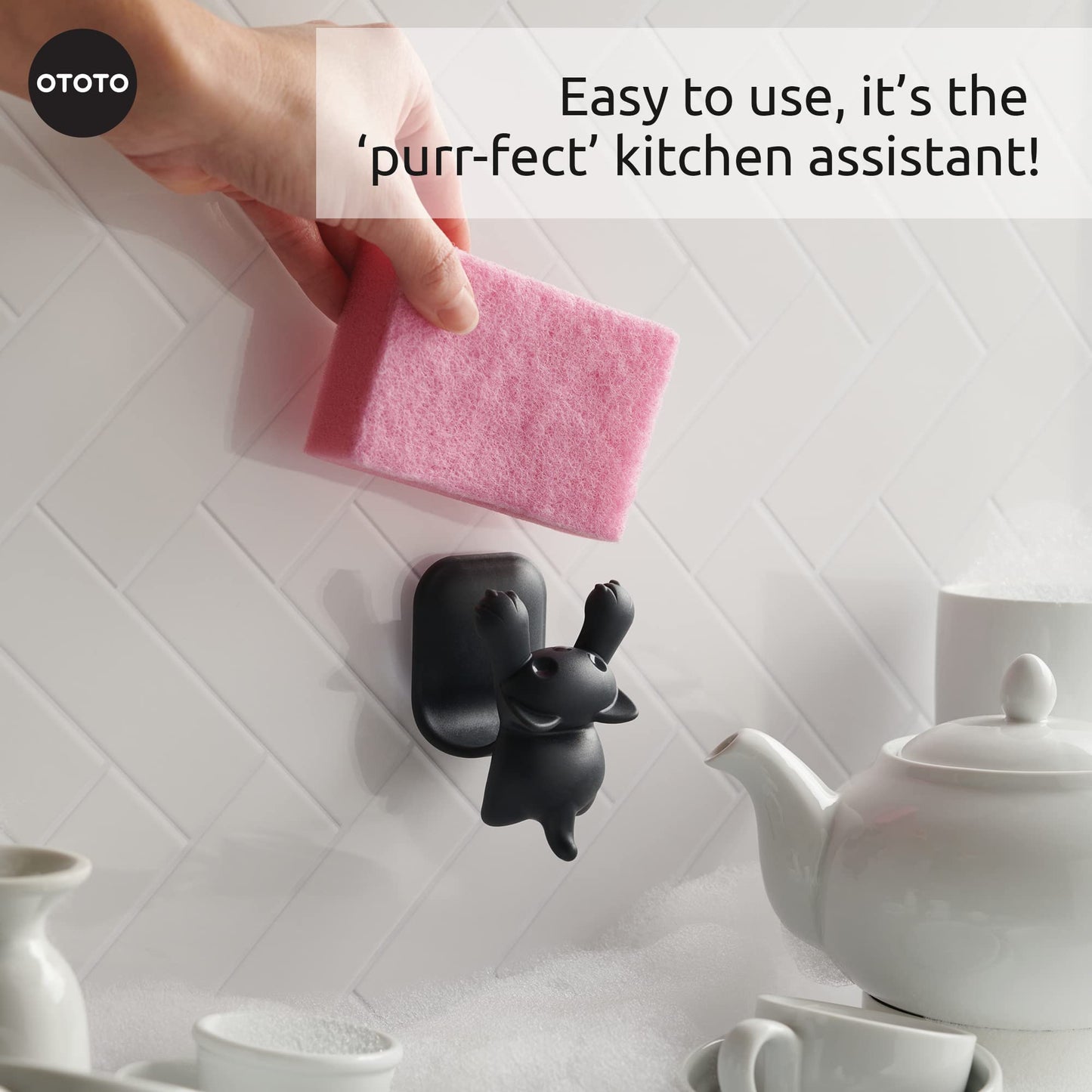 OTOTO Scrubby Cute Cat Sponge Holder for Kitchen Sink - Dishwasher Safe Dish Sponge Organizer- Compact, Cute Kitchen Accessories, Dish Sponge, White Elephant Gifts