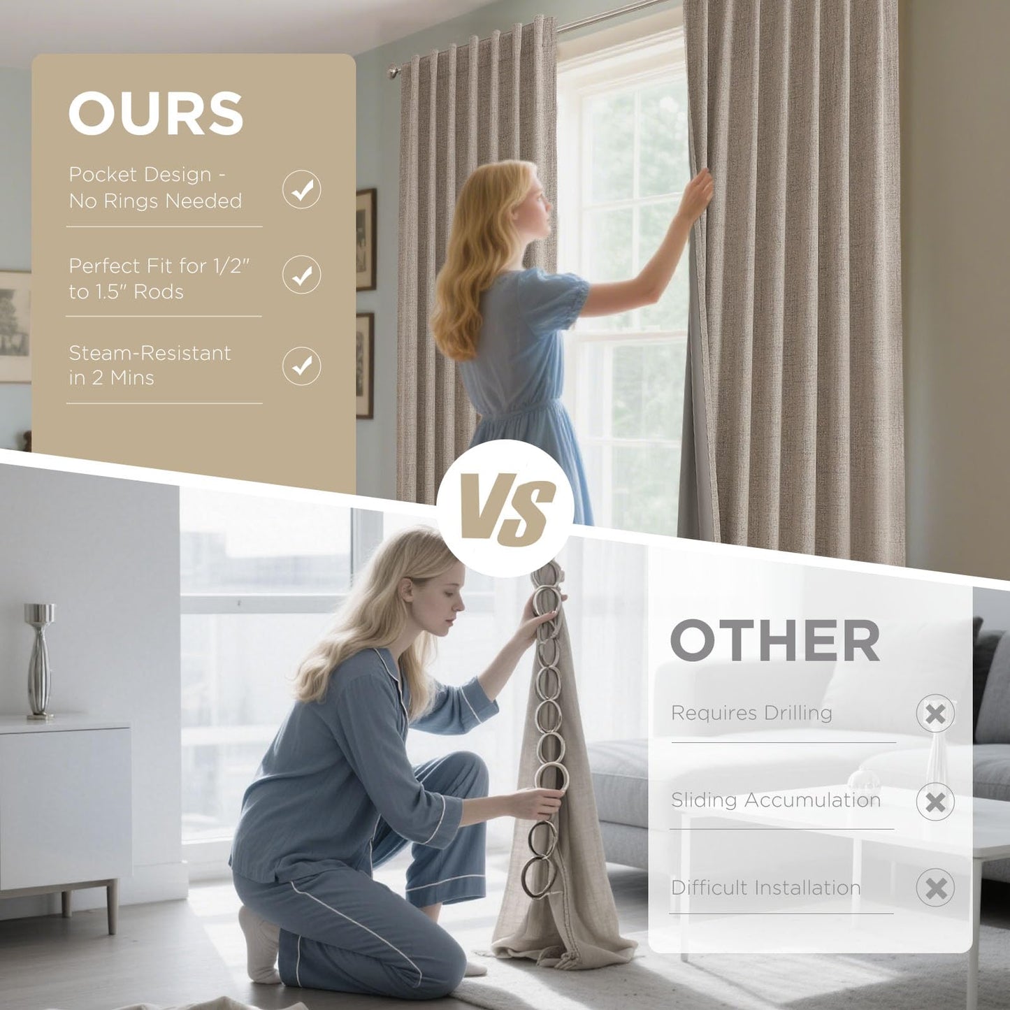 Joydeco 100% Blackout Curtains for Bedroom - Natural Linen Curtains 84 Inch Long, Thermal Insulated 2 Panels Linen Light Blocking Drapes, Rod Pocket & Back Tabs, Darkening Privacy for Living Room