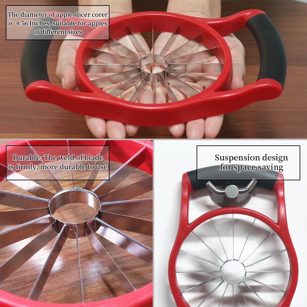 Newness 5.12 Inch Extra Large Apple Slicer, 16-Slices Heavy Duty Apple Cutter, Durable Apple Corer, Stainless Steel Apple Slicer and Corer - for Apple, Potato, Onion and More, Red