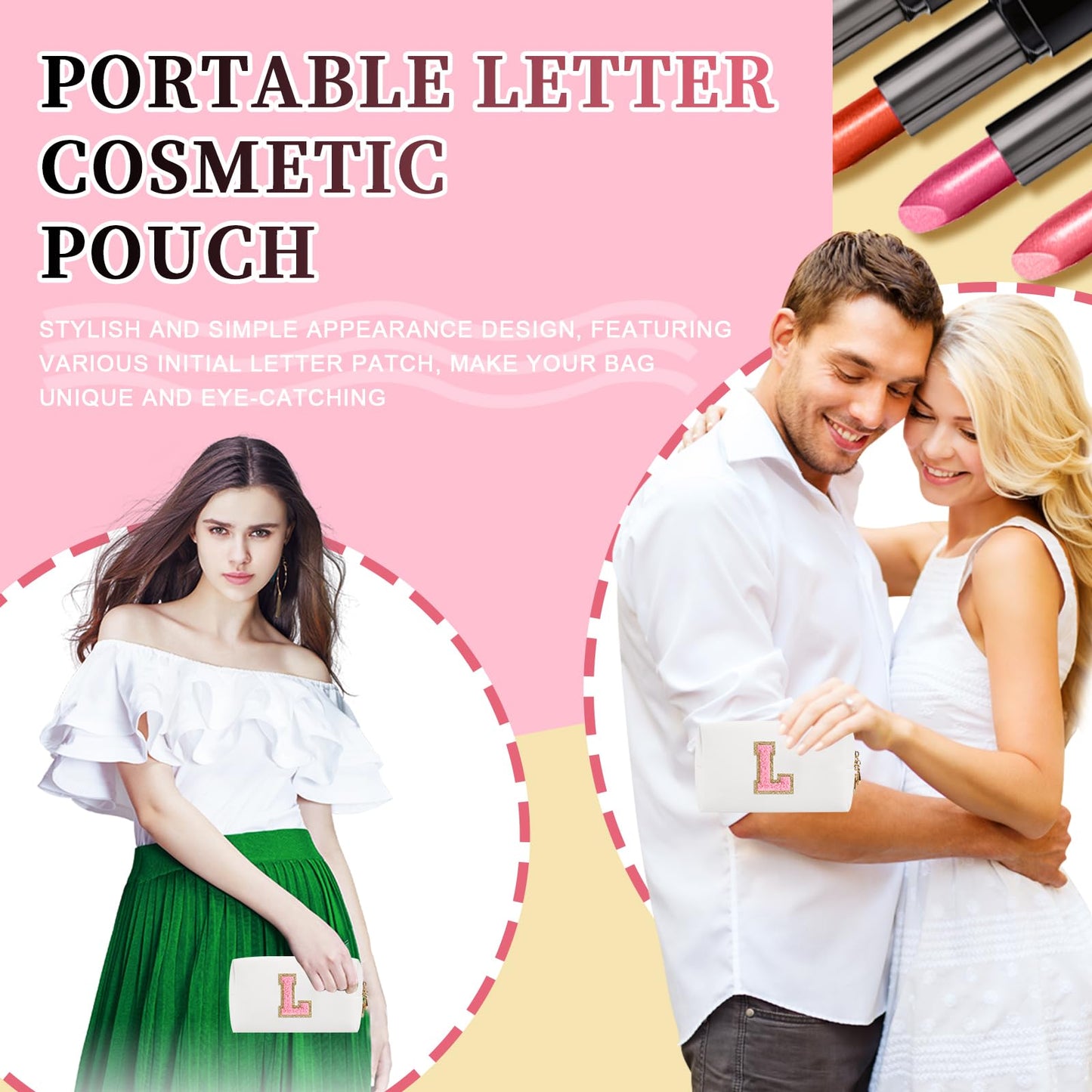 Personalized Initial Patch Makeup Bag, Preppy Portable Chenille Letter Cosmetic Bag With Zipper, PU Leather Waterproof Travel Toiletry Bag Monogram Make Up Pouch for Women Girls (Letter L)