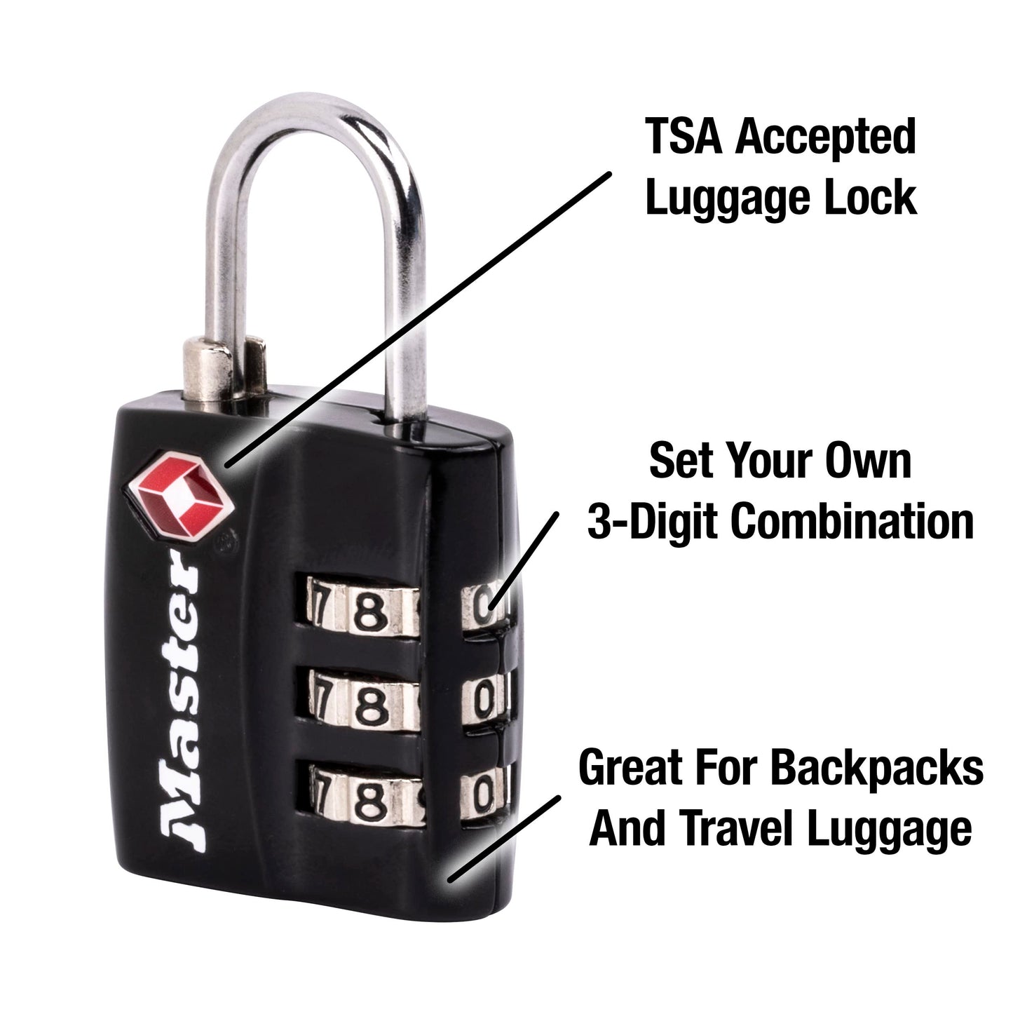 Master Lock Black TSA-Approved Luggage Lock with Wide Lock Body and Thin, Durable Steel Shackle, Zipper Lock for Backpacks, Luggage, 4680DBLK
