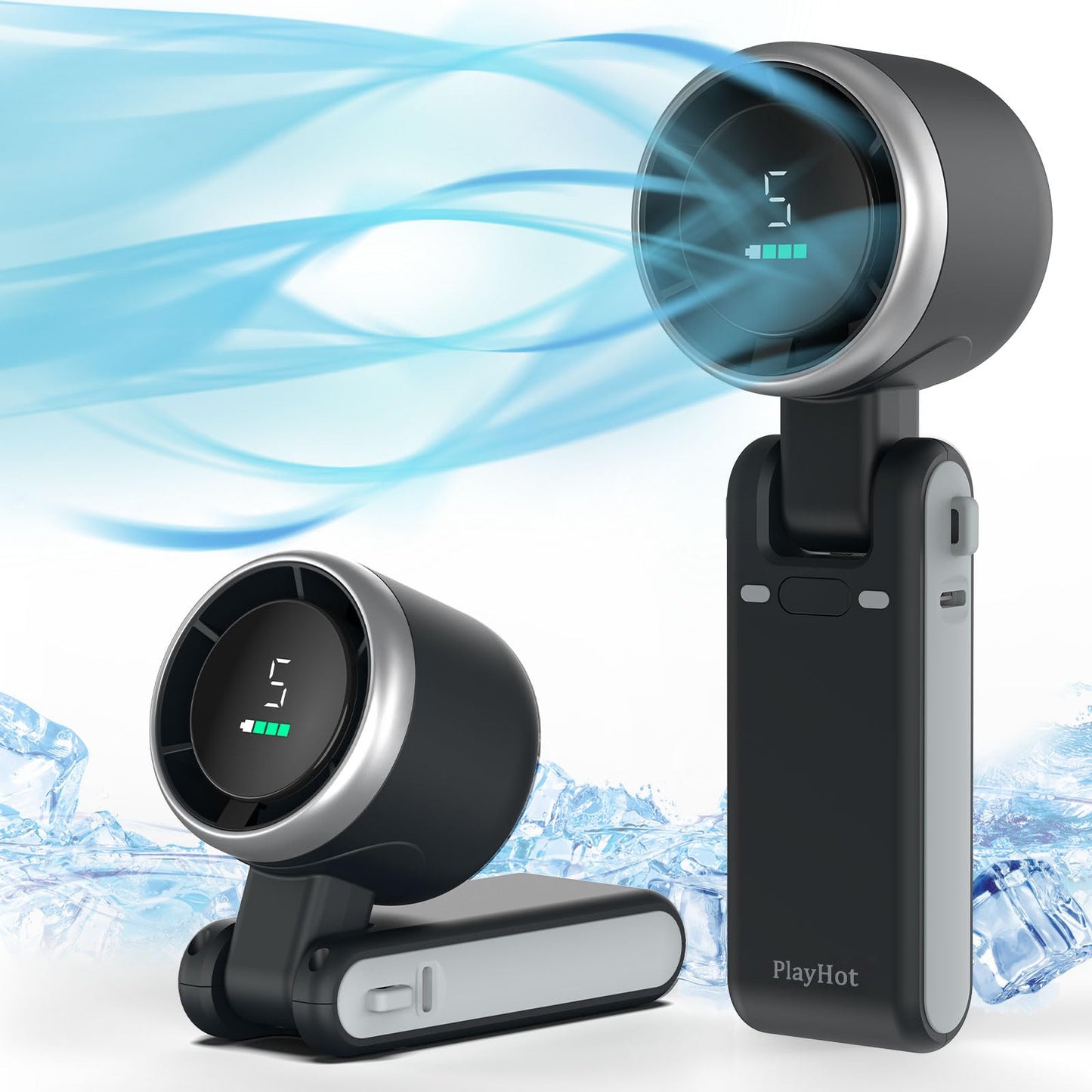 PlayHot Portable Handheld Turbo Fan, 5 Gear Wind, Battery Operated, Up to 12 Working Hours, 3 IN 1 Hand Fan with Air Turbo Tech Cooling Fan for Outdoor Activities, Travel, Beach (Black)