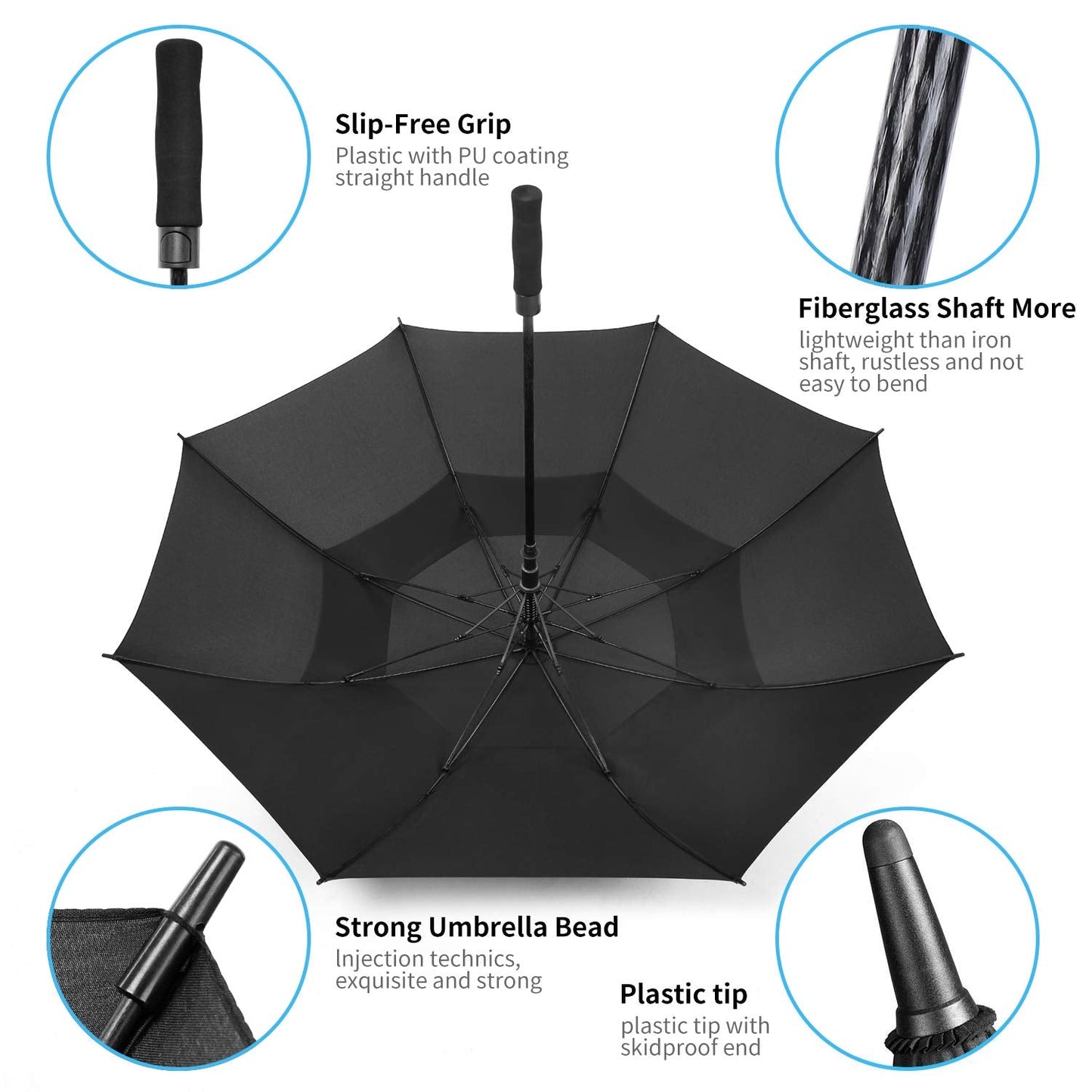 MRTLLOA 62/68/72 Inch Automatic Open Black Golf Umbrella, Extra Large Oversize Double Canopy Vented Windproof Waterproof Sports Stick Umbrellas for Rain(62 Inch)
