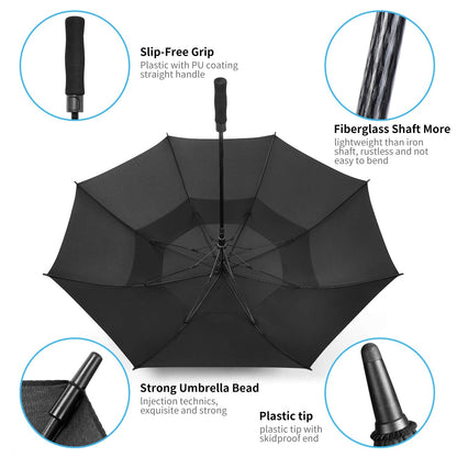MRTLLOA 62/68/72 Inch Automatic Open Black Golf Umbrella, Extra Large Oversize Double Canopy Vented Windproof Waterproof Sports Stick Umbrellas for Rain(62 Inch)