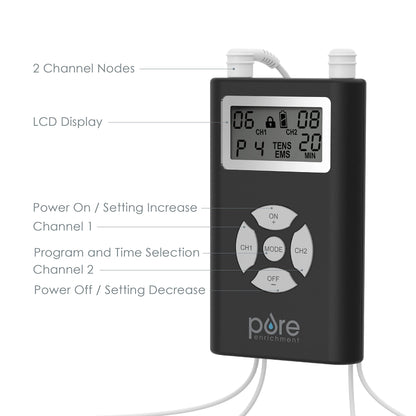 Pure Enrichment PurePulse Duo Dual Channel TENS & EMS Combo Muscle Stimulator - 14 Modes for Chronic Pain Relief, Adjustable Treatment Timer, Includes Reusable Electrode Pads, Storage Bag, & More