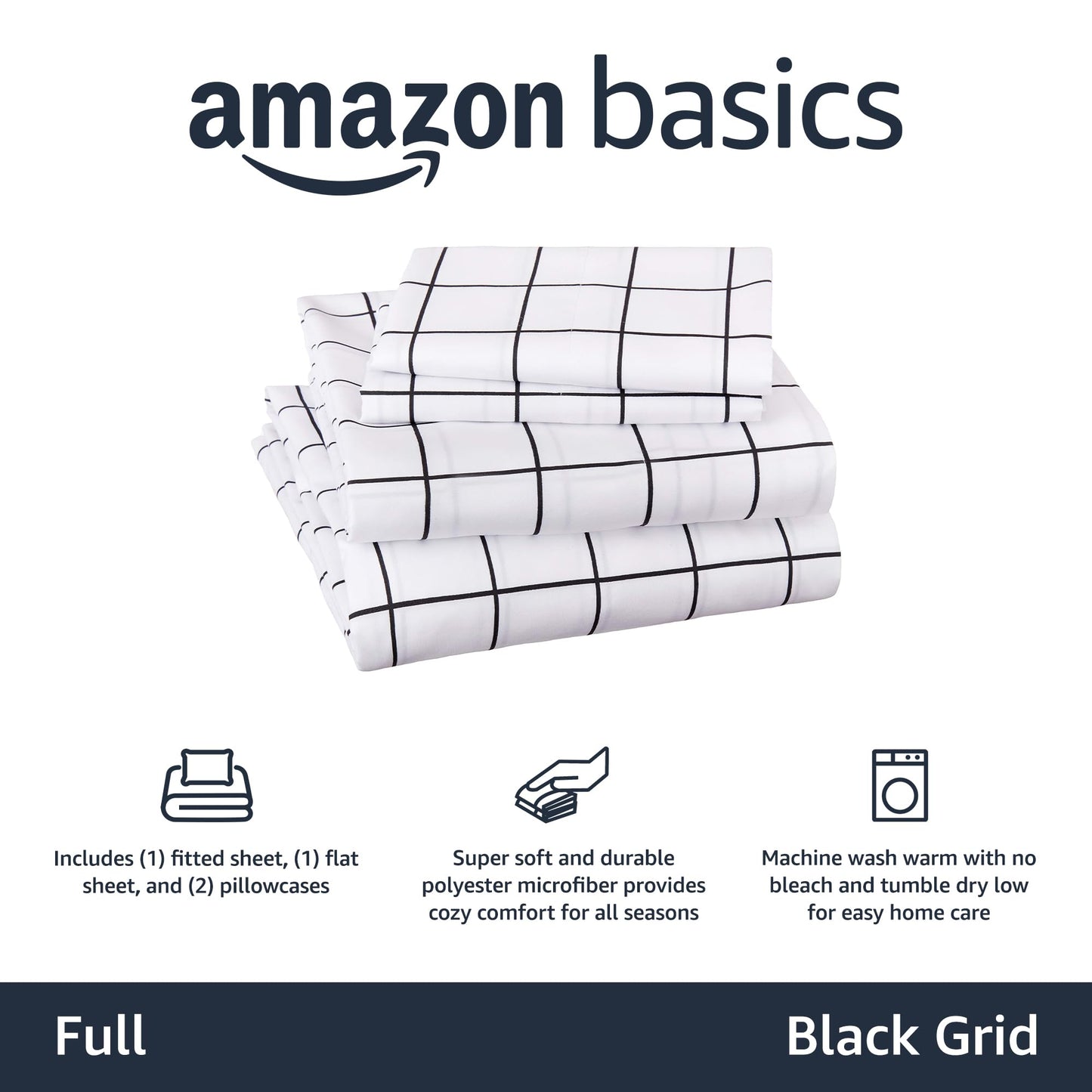 Amazon Basics Soft Microfiber 4-Piece Bed Sheet Set with Elastic Side Pockets, Full, Black Grid, Geometric