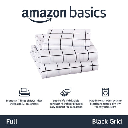 Amazon Basics Soft Microfiber 4-Piece Bed Sheet Set with Elastic Side Pockets, Full, Black Grid, Geometric