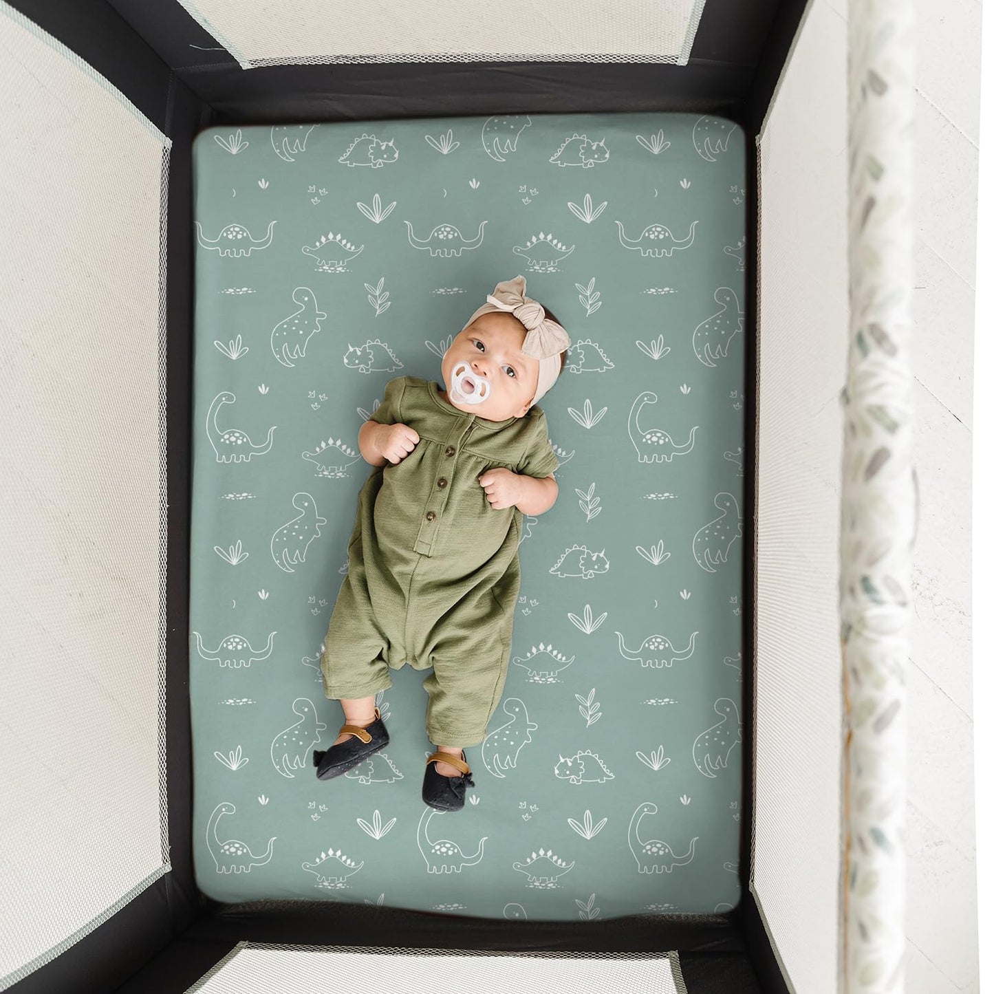 Pack n Play Sheets, BROLEX 2 Pack Mini Crib Sheets,Stretchy Portable Fitted Playard Sheet Set, Convertible Playard Mattress Cover,Ultra Soft Breathable Material,Cute Dinosaurs