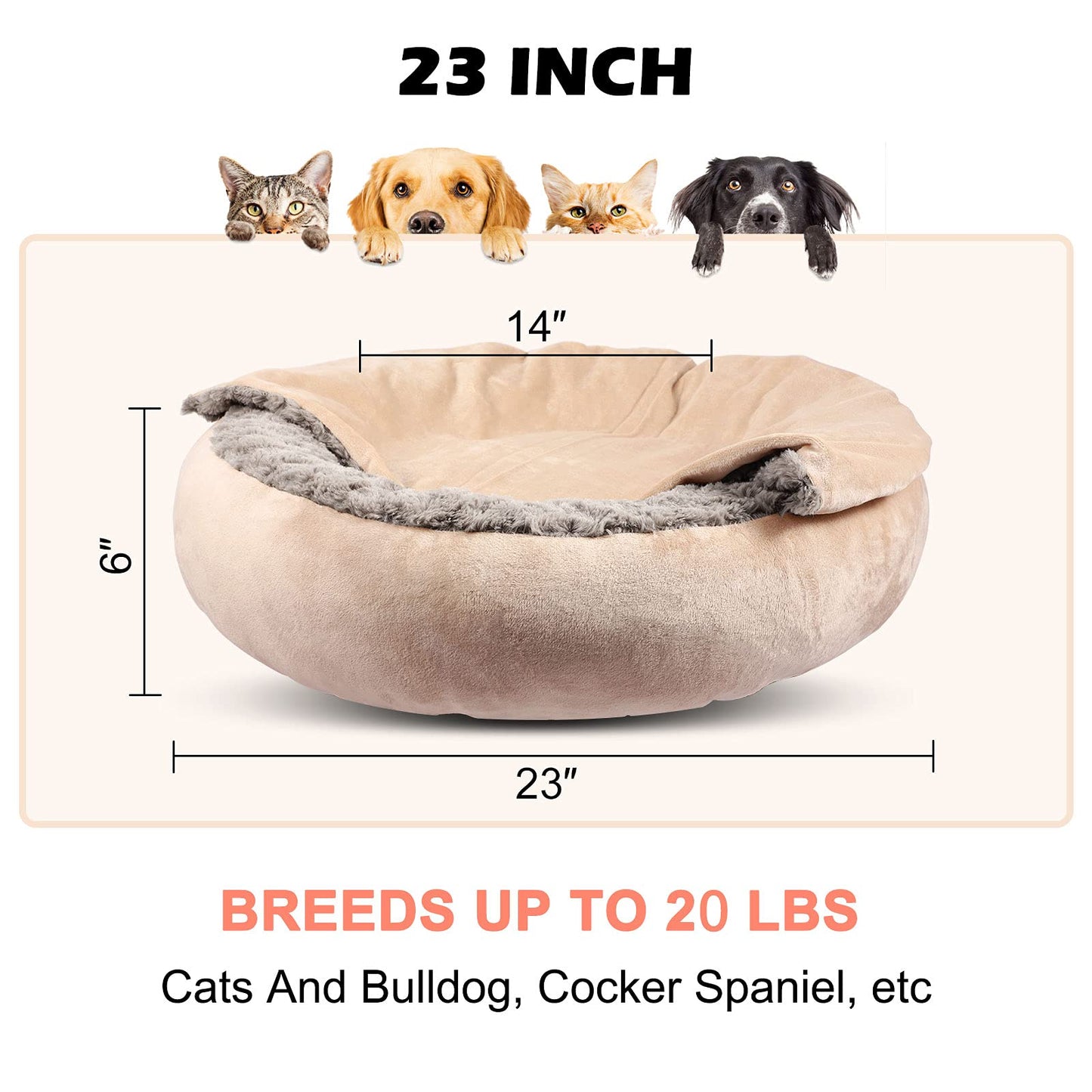 GASUR Small Dog & Cat Bed, 23'' Donut Pet Bed Mat with Hooded Blanket, Anti-Anxiety Burrow Cave Bed, Cozy Puppy Bed, Machine Washable, for Indoor Pets up to 20lbs