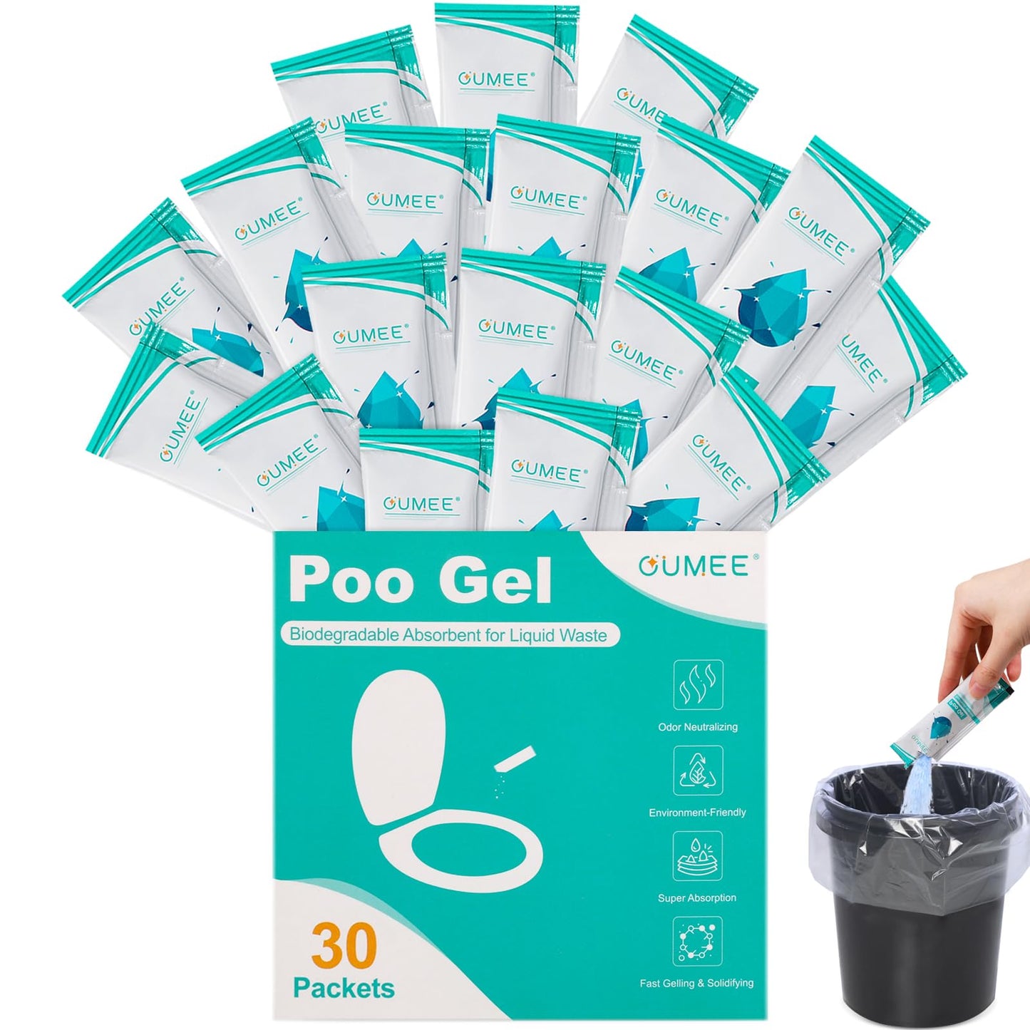 OUMEE 30 PACK Poo Gel for Portable Toilet, Camping Toilet Powder for Potty Bags, Eco Absorbent Gel, Portable Toilet Gel Packets for Outdoor Recreation Camping Supplies (30)