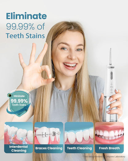 Onlyone Water Dental Flosser, 300ML Portable Oral Irrigator for Teeth, 4 Modes and 5 Jet Tips,Rechargeable Irrigation Cleaner,Electric Flossing Machine Power Flossers & Irrigator Accessories White